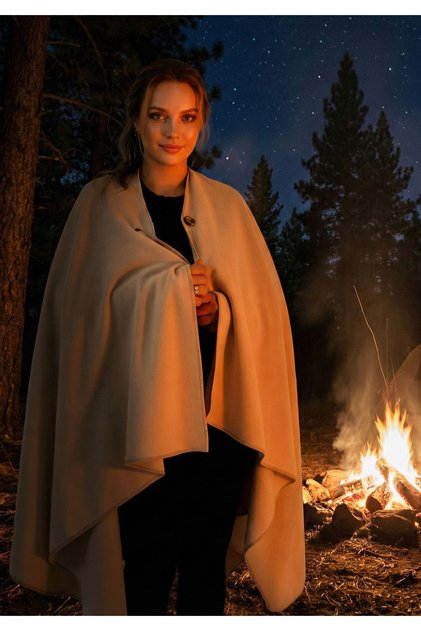 Beige Plain Warm Anti-Pilling Soft Fleece Unisex Outdoor Camper Poncho Winter Buttoned Shawl