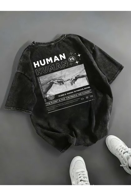 Black Printed Unisex Oversized Washed Vintage T-Shirt