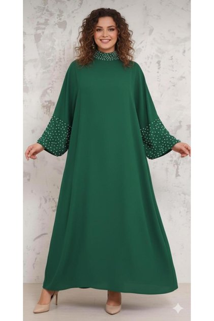Women's Comfortable Fit Dress with Pearl Embroidery on the Collar and Sleeves
