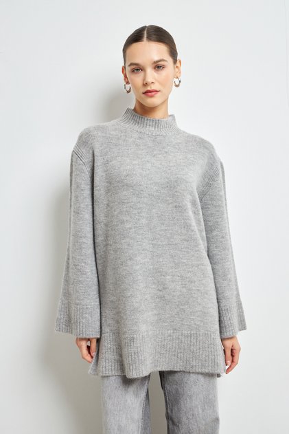 Women's Gray Turtleneck Soft Textured Basic Sweater