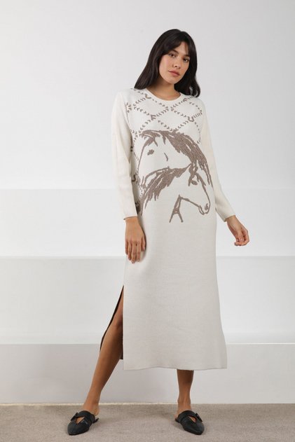 Ecru/Mink Long Sleeve Crew Neck Embossed Patterned Cashmere Women's Knitwear Dress