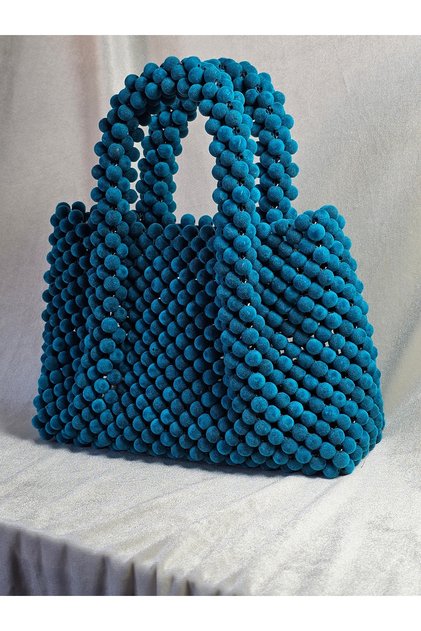 Women's Petrol Blue Velvet Covered Beaded Tote Handbag (Handmade)