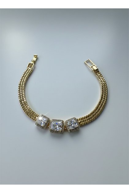 Gold-tone square crystal embellished woven chain bracelet
