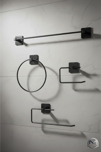Black Adhesive 4-Piece Bathroom Set Long Towel Holder Round Towel Holder Paper Towel Holder Wc Toilet Roll Holder