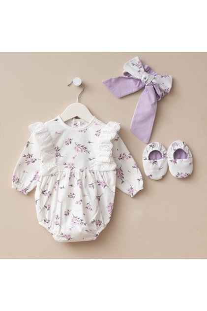 Baby Girl Cotton Romper Newborn Floral Headband and Footed Jumpsuit Set Gift