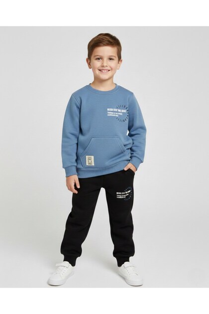 Boy's Winter 3-Thread Fleece-Lined Tracksuit Set for Ages 2-3-4-5-6-7-8-9-10, Winter Top and Bottom Set
