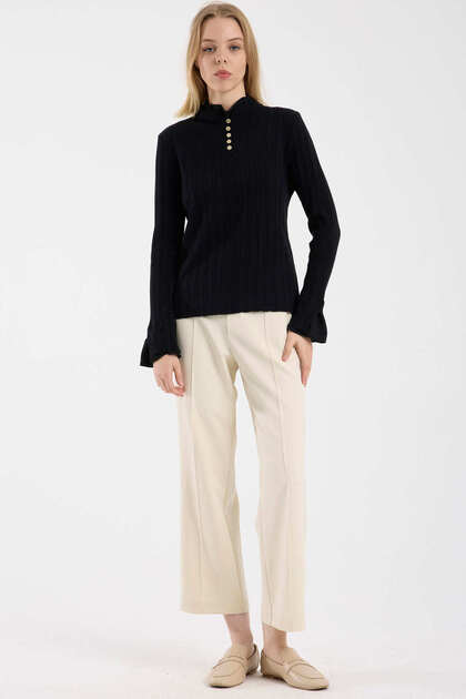 Corded Fabric Knitwear Sweater with Piece Detail - Black