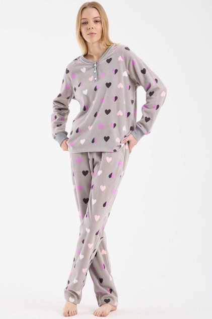 Heart Patterned Fleece Pajama Set - Gray