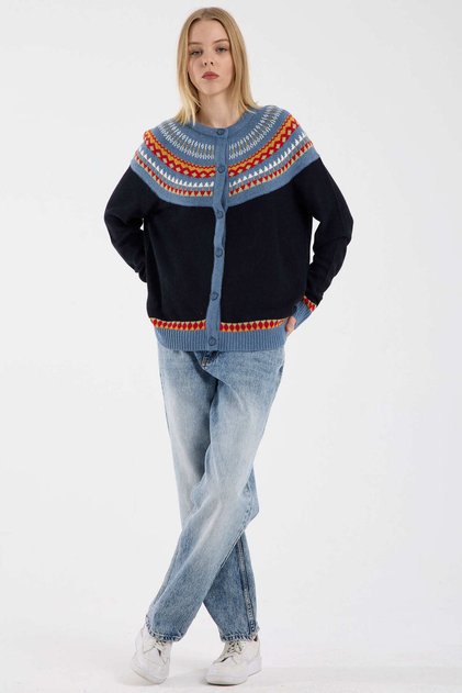 Ethnic Motif Wool Knitwear Cardigan - Navy Blue