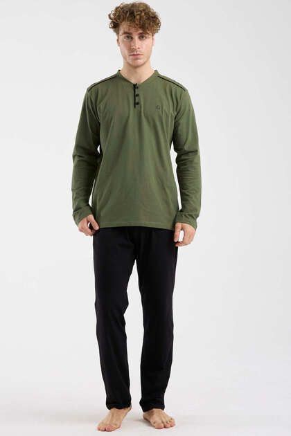 Button Collar Comfortable Fit Pajama Set - Khaki