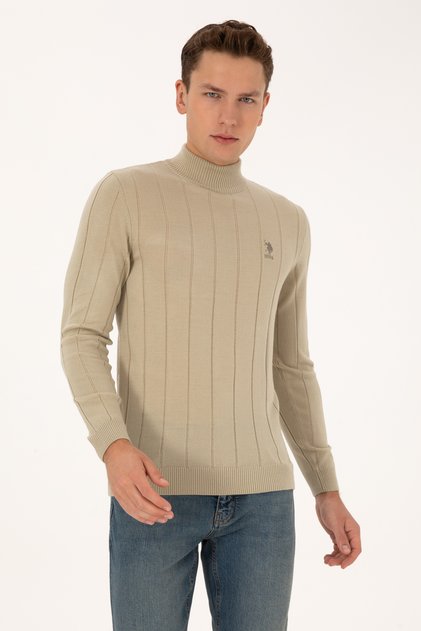 Erkek Slim Fit Yarım Balıkçı Yaka Açık Haki Kazak 50315019-VR183