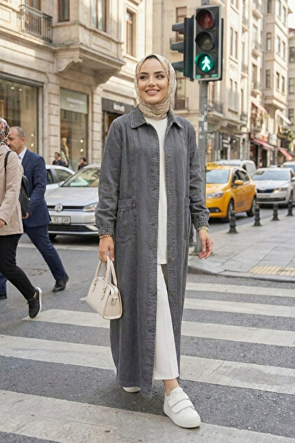 Hb Harma Time Butik Kadın Düğmeli Cepli Denim Gri Kot Kap - Fiyatı