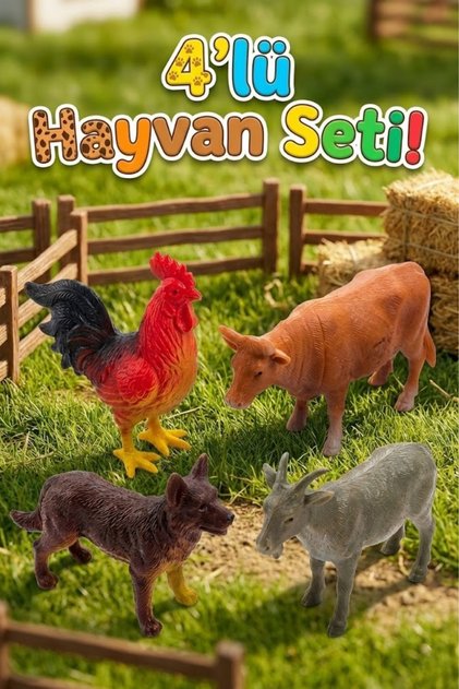 4'lü Eğitici Çiftlik Hayvanları Figür Seti - Gerçekçi Oyuncak Hayvanlar (İnek, Horoz, Köpek, Keçi)
