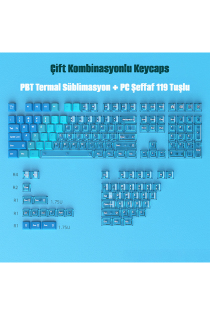 Mekanik Klavye Tuş Takımı 119 Tuş Keycaps PBT Süblimasyonlu Çift Renkli Klavye Başlığı (Saydam-Opak)