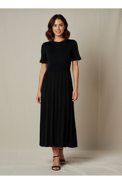 Pleated Midi Dress with Pearl Embellishment