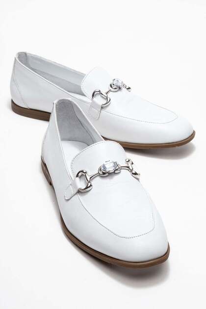 Women's Genuine Leather Loafers Crystal Buckle Detail Casual Shoes White Porto Color-Match Leather Lining