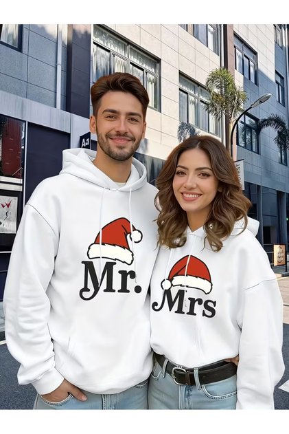 سترة للجنسين من مجموعة Lover Combination لعيد الميلاد Mrs. مطبوع للسيدات قصة فضفاضة مصنوعة من القطن بنسبة 100% بغطاء رأس