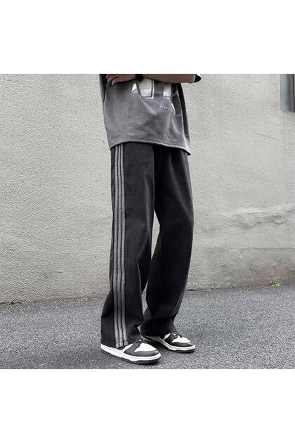 Siyah Vintage Yanı Şeritli Yıkamalı Baggy Unisex Kot Pantolon