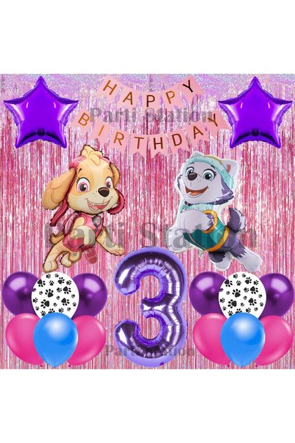 Paw Patrol Skye and Everest Concept 3Rd Birthday Pink Tassel Party Balloon Set