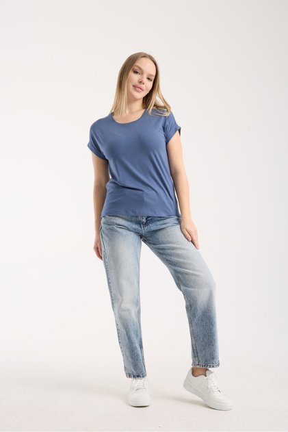 Women's Relaxed Fit Curled Sleeve Basic Round Neck Viscose T-Shirt 6011