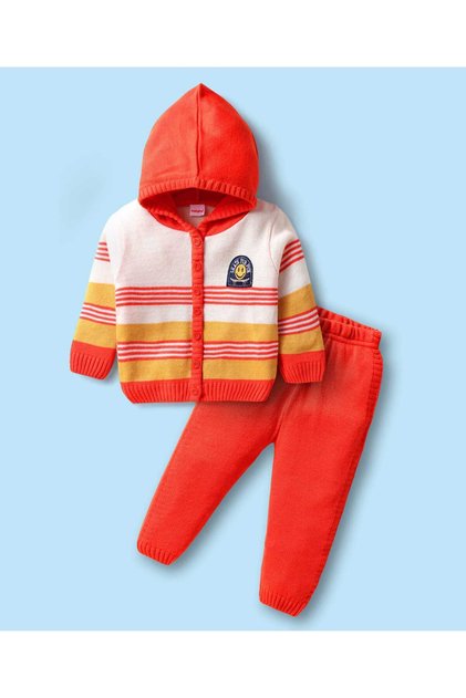Full Sleeves Hooded Front Open Sweater Set With Smiley & Stripe Design - White & Orange