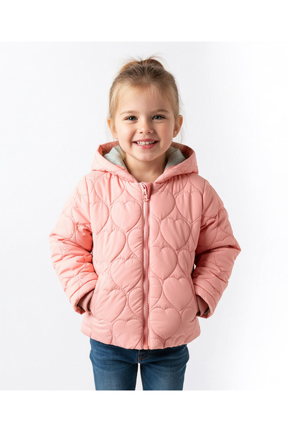 Full Sleeves All over Heart Quilted Puffer Jackets With Hoodie - Dark Pink