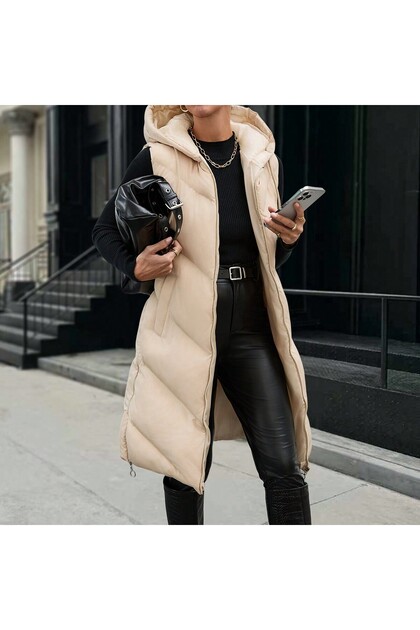 women's beige hooded long puffer vest with side zipper