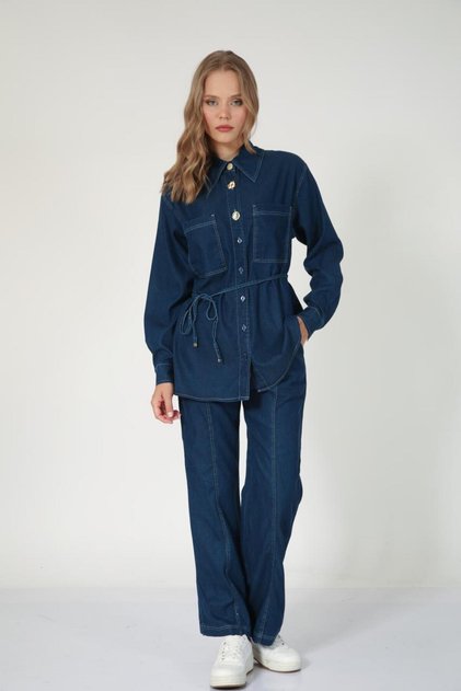 5664 - Set elegant și confortabil de cămașă și pantaloni din denim pentru femei, din țesătură subțire