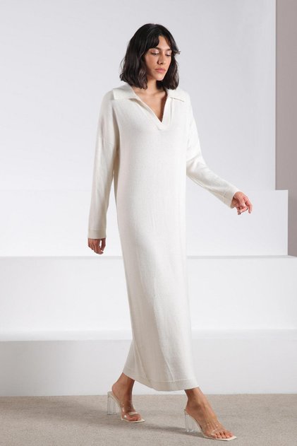 Ecru Long Sleeve Polo Neck Cashmere Women's Knitwear Dress