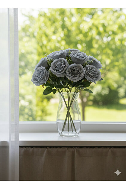 yapay çiçek evi 35 cm 10 kafalı İngiliz şakayık gülü soğukmavi