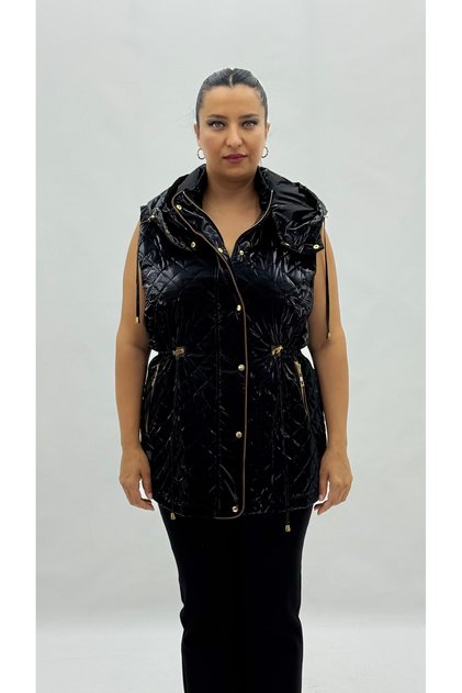 Plus Size Hooded Shiny Quilted Waist-Tied Women's Long Vest