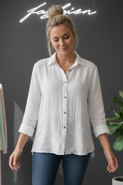 White Shirt Collar Long Sleeve Buttoned Casual Muslin Woven Shirt 75 65