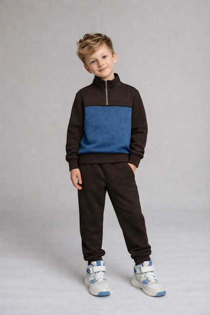 Boys' Half-Zip Tracksuit Set with Denim Detail on Bottom and Top