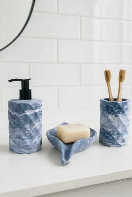Decorative 3 Piece Diamond Model Marble Pattern Bathroom Set Liquid Soap Dispenser Solid Soap Holder Toothbrush Holder Set