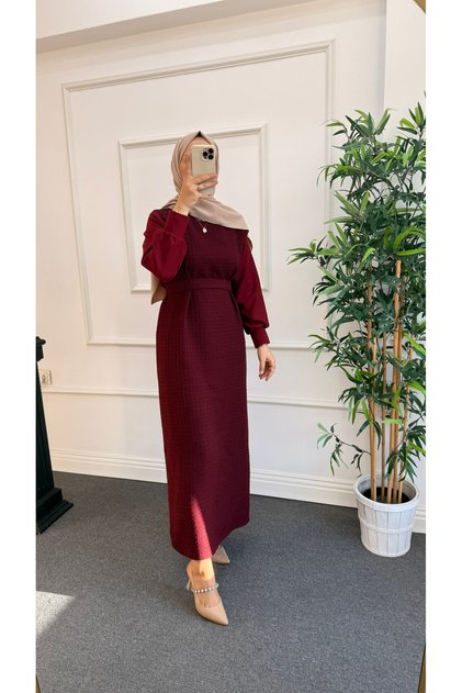 Burgundy Tweed Hijab Dress-Buttoned at the Back