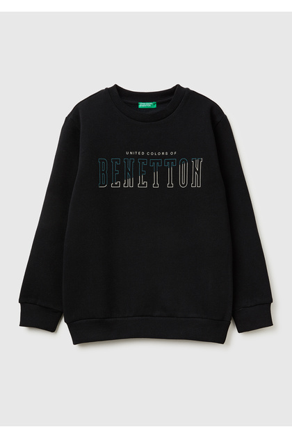 Boy's Black Front Logo Printed Ribbed Fleece-Lined Sweatshirt