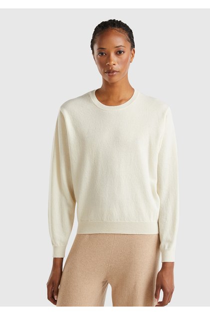 Women's Cream 100% Merino Rib Detailed Crew Neck Sweater