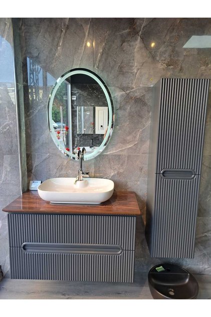 ROSEBELİNDA ANTRASİT CEVİZ 100CM BANYO DOLABI SETİ AYNA + SERAMİK LAVABO + ALT MODÜL + BOY DOLAP