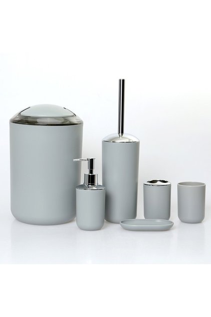 6-piece bathroom set: dispenser, toothbrush holder, cup, soap dish, brush, trash can