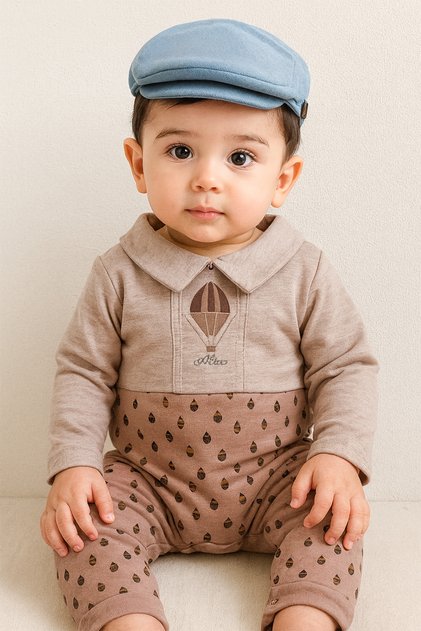 رومبير بأكمام طويلة مطبوع عليه صورة منطاد هواء ساخن للأطفال - لون بيج