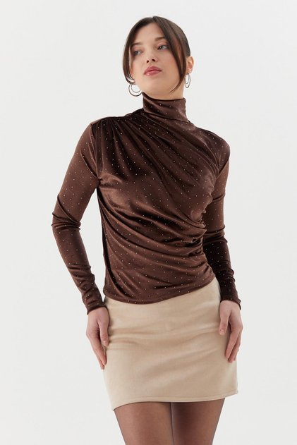 Drape Collar Stone Velvet Blouse Brown