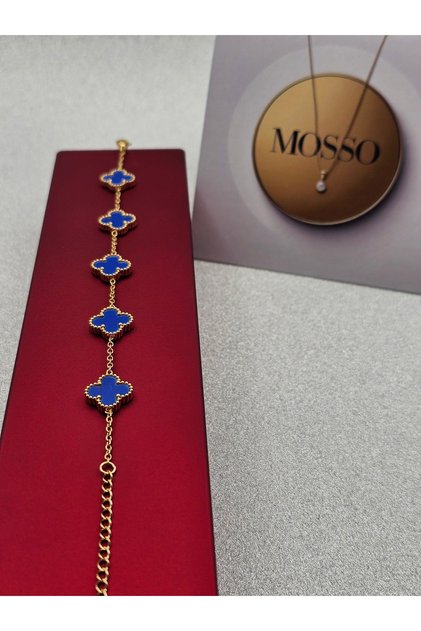 Mavi Çelik Bileklik Gold Renk Yoncalı Model