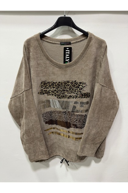 Women's Mink Italian Varaklı Low Sleeve O Oversized Loose Velvet Blouse