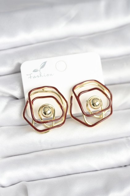 Brass Gold Color Burgundy Enamel Geometric Rose Model Women's Earrings