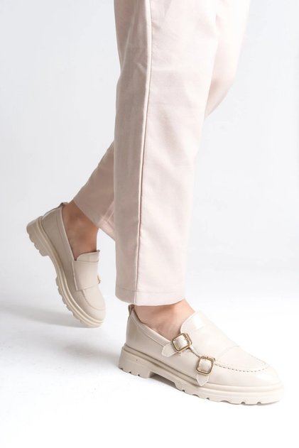 Loafer women's shoes - buckled casual daily women's shoes in nude patent leather