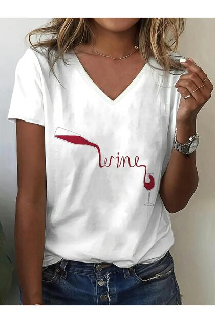 V-Neck Short Sleeve Wine Printed Regular T-Shirt Relaxed Fit