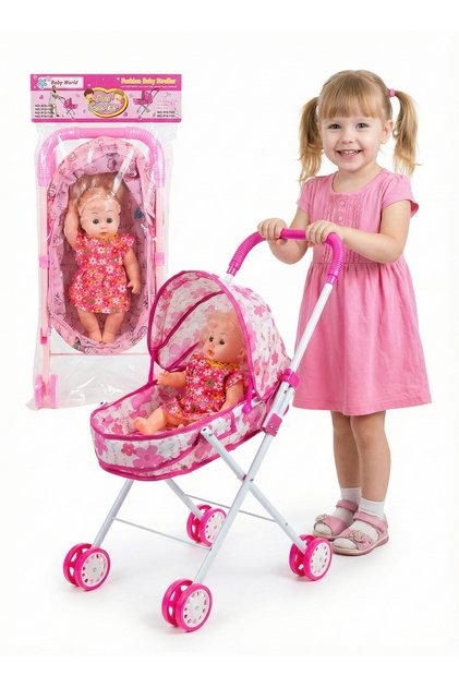 Baby Doll Stroller Carrier Set Foldable Pink Floral Toy Pram for Kids with Little Doll for Girls 3+