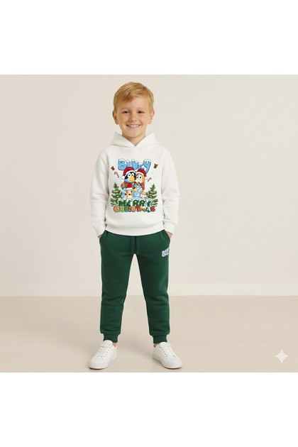 Boy's Christmas New Year Printed 3 Thread Fleece-Lined Hooded Winter Sweatshirt / Tracksuit Set