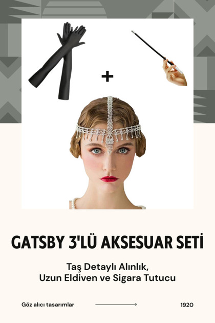 Gatsby Şıklığı: Taş Detaylı Alınlık & Uzun Eldiven & Sigara Tutucu 3'lü Set