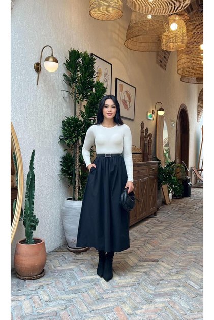 Top Ribbed Knit Skirted Poplin Long Sleeve Dress with Belt and Pockets